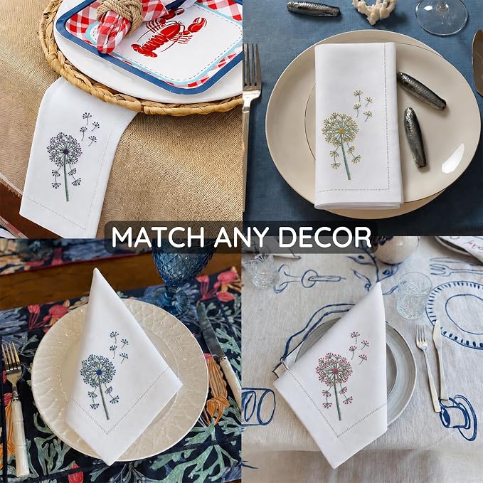 Cloth Napkins Set of 4, 20x20 inch, 100% Pure Cotton Hand Embroidered French Knot, Reusable & Machine Washable, Table Napkins for Dinner, Weddings, Parties (Colorful Dandelion) - Image 6
