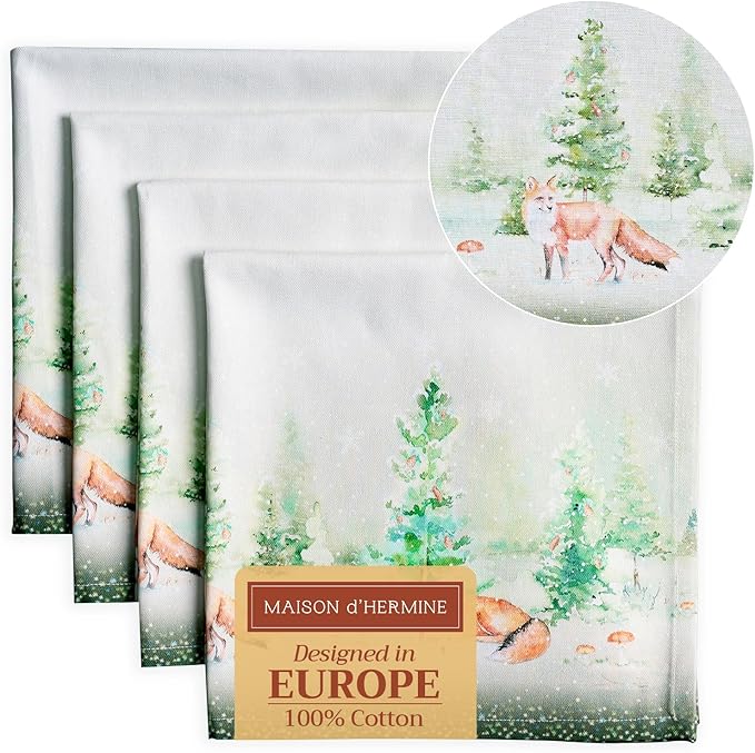 Maison d' Hermine Cloth Napkins Set of 4 Reusable 100% Cotton (20" x 20") | Everyday Square Napkins Cloth Washable Dinner Wedding Restaurant Hotel Kitchen Thanksgiving Christmas - Winter Mornings by MaisondHermine