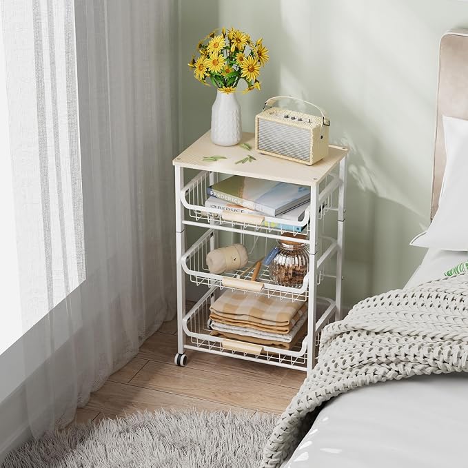 NiuYichee 4-Layer Fruit Basket Kitchen Food Storage Organizer and Storage Rack, Stackable Storage cart with Desktop, Pull-Out Hollow Metal Storage Basket, liding Out Storage,White - Image 2