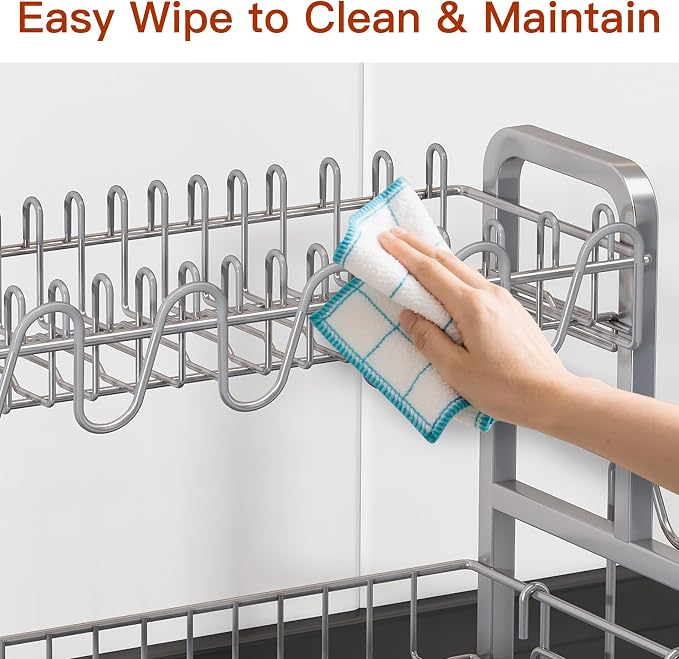 2 Tier Large Stainless Steel Dish Drying Rack for Kitchen Counter | Big Dish Drainer with Drainboard, Cup & Utensil Holder, Space Saving Rustproof Countertop Metal Plate Dryer Rack, Fast Drain - Image 7
