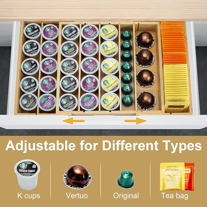 MinBoo Bamboo K Cup Holder for Drawer or Countertop Coffee Pod Holder Expandable K Cup Pod Storage Tea bag organizer K Cup Storage for Coffee Station Home Office and Kitchen - Image 4