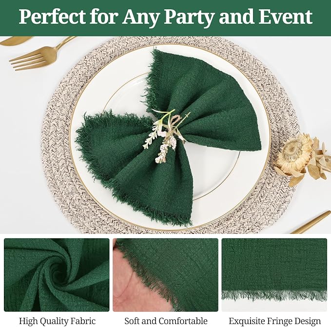 36 Pack Dark Green Cloth Napkins, 12 x 12 Inch Cotton with Fringe Settings | Handmade washable reusable cotton dinner napkins in bulk for weddings, parties, rustic boho table settings - Image 5