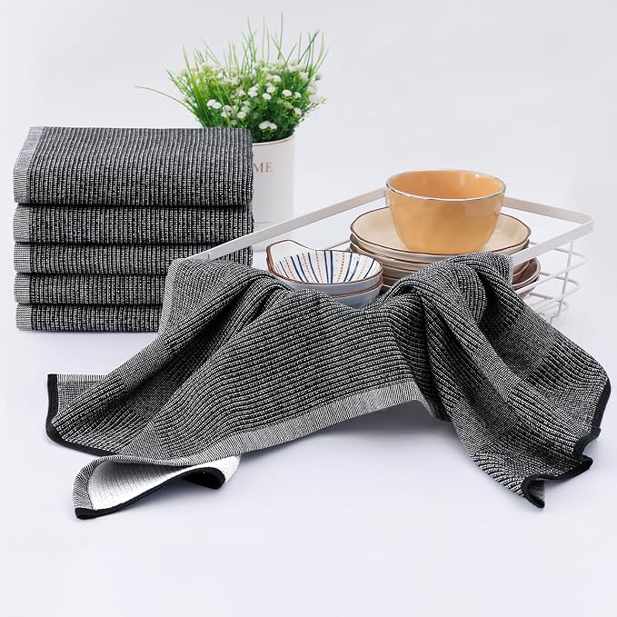 Homaxy 380 GSM Cotton Premium Kitchen Towels 8 Pack, 18"x 28", Black | Flat and Terry Dish Towels, Highly Absorbent Tea Towel Set with Hanging Loop, Soft Utility Kitchen Hand Towels - Image 6