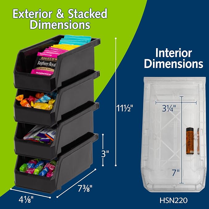 Small Stackable Plastic Storage Bins, 12-Pack, Black | Open-Front Stackable Bins For Garage, Pantry, Closet & Office, 7"L X 4"W X 3"H, Nests When Empty, Durable Plastic, - Image 2