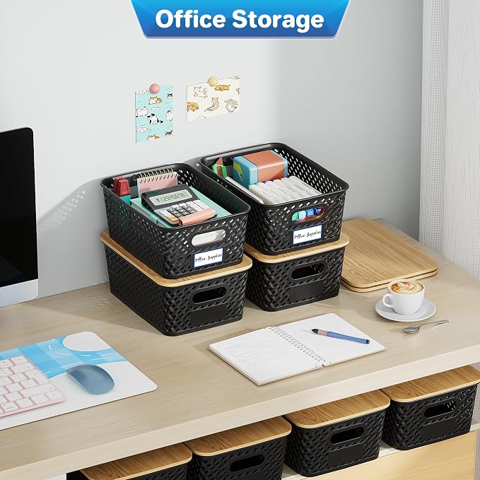 Anysig 8 Pack Plastic Storage Bins with Bamboo Lids, 5.2 QT Stackable Bins | Decorative Small Storage Basket Containers for Organizing Shelves Office Classroom Desktop Closet, Black - Image 6