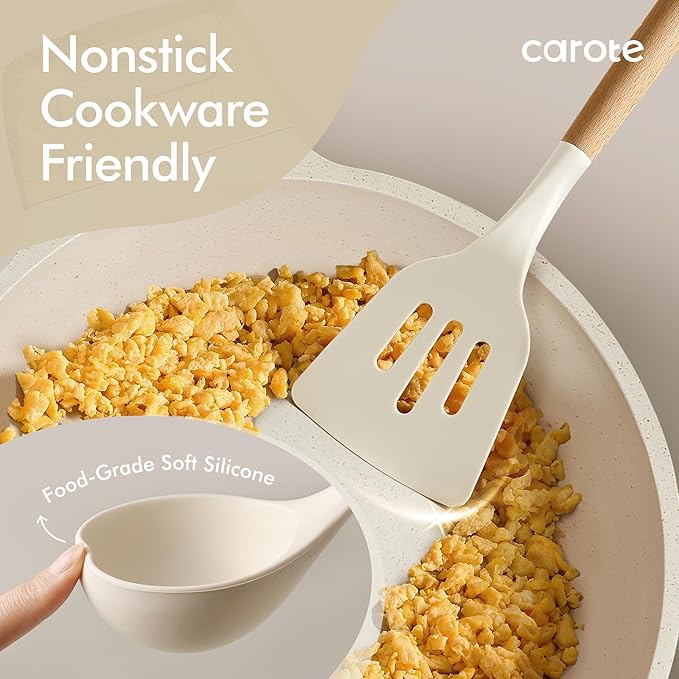 CAROTE 22-Piece Cooking Utensils Set with Wood Cool-Touch Handles, Cream | Silicone Kitchen Utensil, Food Grade, Nonstick Cookware Friendly, BPA-Free, Heat-Resistant, Everyday Home Essentials, Gifts - Image 4