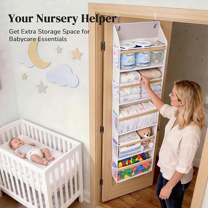 5 Tiers Natural Bamboo Over Door Organizer with 10 Mesh Side Pockets, 50 lbs Weight Capacity Hanging Storage Organizer with Clear Window Kids Toys, Shoes, Diapers, Warm Beige - Image 8