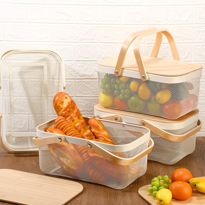 Jingmore 4 Pcs Metal Mesh Baskets with Lid, Stackable for Storage, Prevents Fruit Flies for Vegetable Fruit Kitchen Cabinet Picking Gathering Pantry Harvest Garden(16 Inch,White) by Jingmore