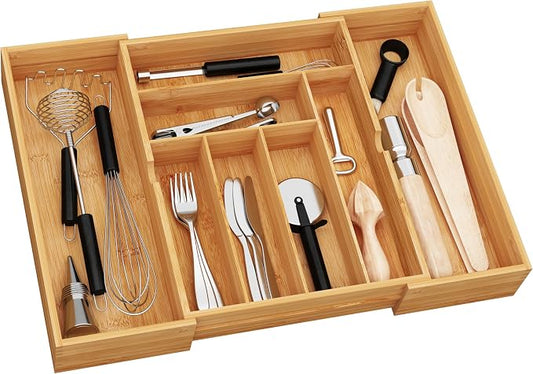 BAMEOS 3" Deepth Expandable Drawer Organizer, Deep Flatware Organizer, Adjustable Silverware Organizer, Bamboo Drawer Organizer for Kitchen, Bathroom (Natural) by BAMEOS