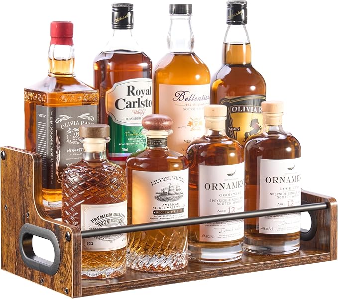 YQBRAO 2-Tier Liquor Bottle Display Shelf, 16-Inch, Rustic Brown | Holds up to 8 bottles with a shallow footprint for coffee corners, kitchens, small counters, and home bars. by Unknown