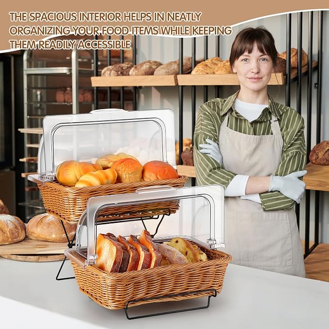 2 Pack Imitation Rattan Plastic Bread Basket, with Acrylic Lid and Metal Display Stand Rectangle Woven Fruit Basket for Food Display Tabletop, 13.78 x 9.84'' (Flip Top Food Cover) - Image 7