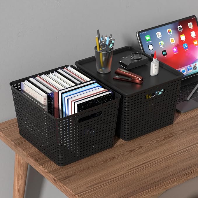 Plastic Organizing Basket with Lid, Woven Storage Basket Set of 6 | Black, Stackable - Image 2