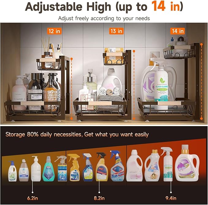 2-Pack 2-Tier Height Adjustable Under Sink Organizer & Storage | Multi-purpose storage for kitchen & bathroom cabinet. Extra Large brown shelf, height adjustable design for space-saving. - Image 3