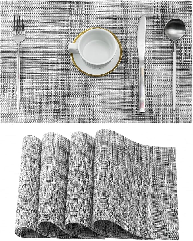Leetaltree Linen Grey Placemats Set of 4 - Heat Resistant Non-Slip Place mats for Dining Table, Washable Durable PVC Vinyl Woven Table Mats（Linen Grey, 4） by Leetaltree-ArtatEveryTable