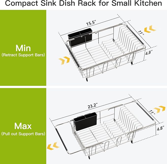 JASIWAY Dish Drying Rack in Sink, Dish Drainer with Cup and Utensil Holder | Over The Sink Expandable Stainless Steel Strainer Dryer Rack for Small Kitchen, Counter Space Saving, Fast Drain, Rustproof - Image 4