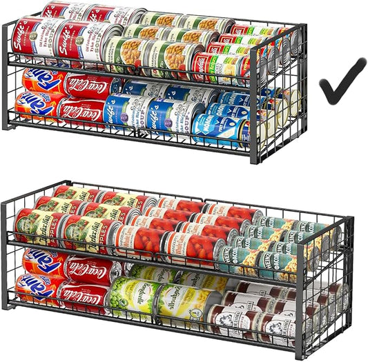 2-Tier Stackable Can Rack Organizer for Pantry Shelf, Long-Size Adjustable Can Holder for Kitchen Organization,Heavy Duty Can Dispenser for Canned Food Soup Goods up to 50 in Cabinet storage, Black by JKsmart