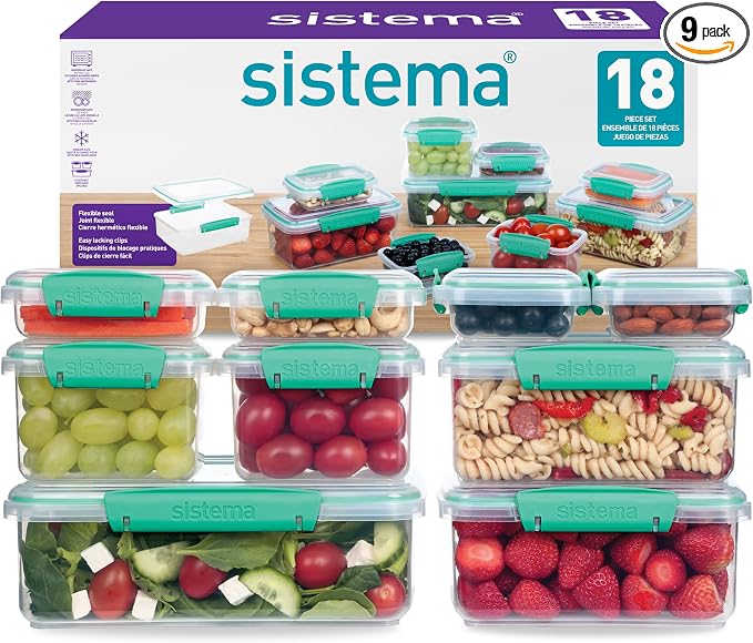 Sistema KLIP IT Storage Containers, Airtight and Stackable Food Storage Containers with Lids, Lunch Boxes and Snack Boxes, BPA-Free, 18 Pieces (9 Cans and Lids) by Sistema