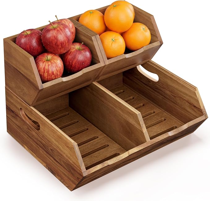 TIDITA Set 3 Wood Potato and Onion Storage Bin, Stackable Product Basket | Acacia Wood, Built-in Handles, Ventilated Pantry Storage Bins, 50LBS Capacity, Non-skid Pad, Slatted Bottoms, Multi-Use by TIDITA