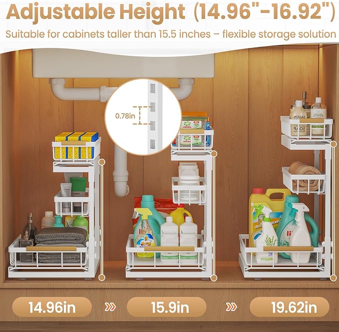 Under Sink Organizer and Storage 3 Tier Cabinet Pull Out Shelf Organizers | 2 Pack 3 Tier under sink storage for Bathroom and Kitchen Slide Out Drawer Organization for Home Cabinets Shelves and Drawers - Image 8
