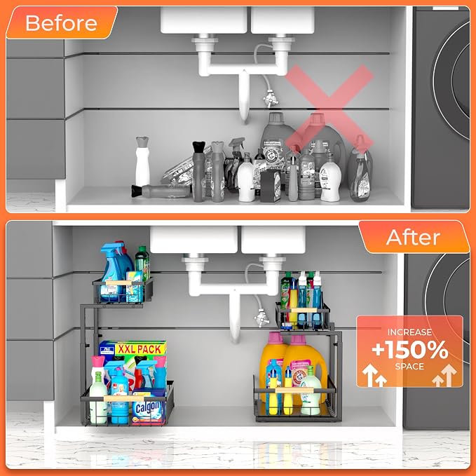 2 Pack Under Kitchen Sink Organizer, 2 Tier Pull Out Cabinet Organizer, Metal Under Sink Organizer, Sliding Drawer Organizer for Kitchen Bathroom Pantry Cabinet Closet - Image 3