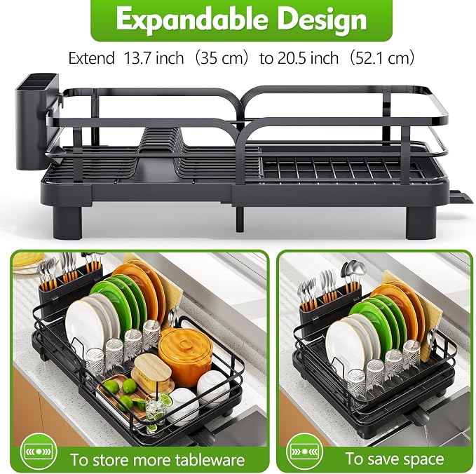 TOOLF Expandable Dish Drying Rack for Kitchen Counter, Black | Stainless Steel Dish Drainer with Drainboard Set & Cutlery Holder, Extendable 13.7“-20.5”L, Rust-Proof, Fits for 1-3 People - Image 2