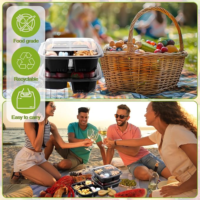 60 Pack 4-compartment Bento Snack Boxes with Lids Divided Lunch Containers for Travel School Camping Outdoor Home (Black) - Image 7