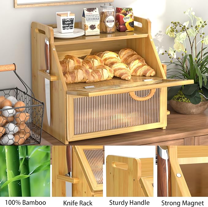 Bread Box for Kitchen Countertop, Large Bread Storage Container for Homemade Bread, Wooden Farmhouse Breadbox Organizers, Double Layer Bread Bin with Acrylic Window Bread Holder, Brown - Image 4