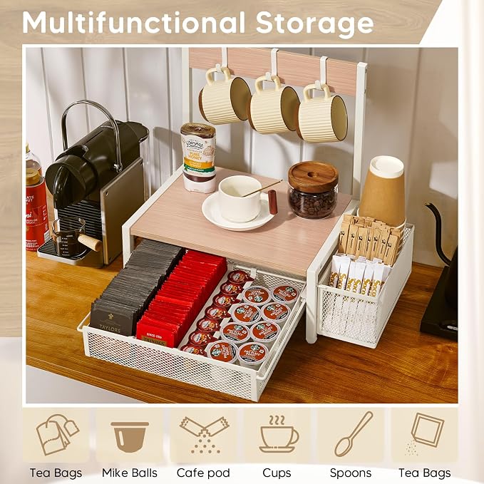 DGWJSU Tea Bag Organizer, Wood Tea Organizer and Storage Cheast, Tea Bag Holder with Storage Drawer, 4 Hooks for Tea Cups Holder, Tea Station Chest Display Container Box for Countertop Kitchen (White) - Image 3