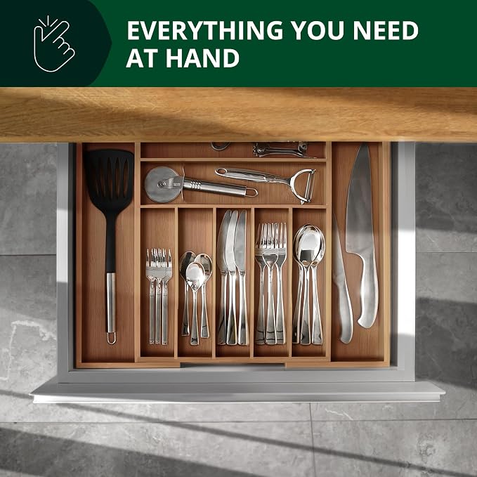 ROYAL CRAFT WOOD Luxury Bamboo Kitchen Drawer Organizer - Silverware Organizer - Utensil Holder and Cutlery Tray with Grooved Drawer Dividers for Flatware and Kitchen Utensils (9 Slot, Brown Bamboo) - Image 7