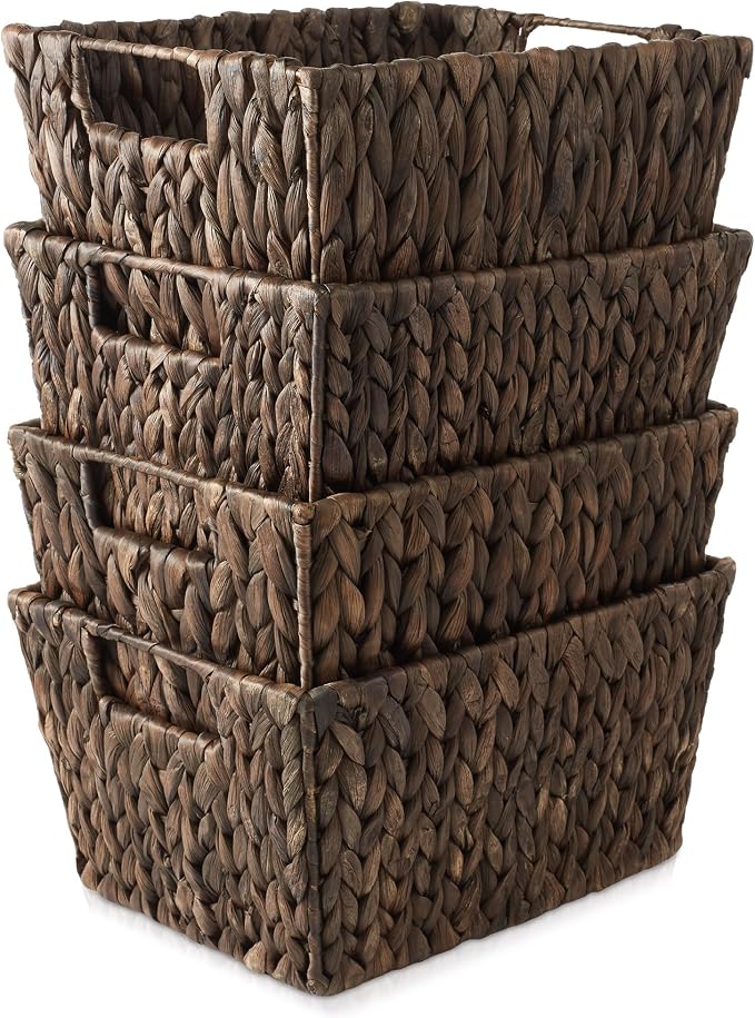 Casafield Set of 4 Water Hyacinth Storage Baskets with Handles - Espresso Brown, Woven Storage Bins for Shelves, Blankets, Laundry Organization - Image 2