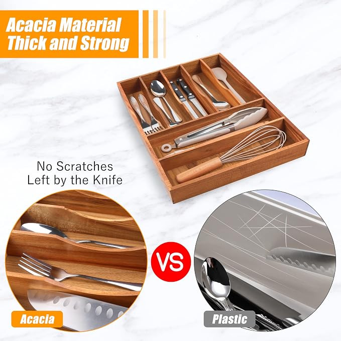 Bamboo Silverware Organizer, 12"x15.7" Utensil Holder Cutlery Tray with Grooved Drawer Dividers for Kitchen Flatware, Bedroom, Office (7 Slot, Acacia) - Image 4