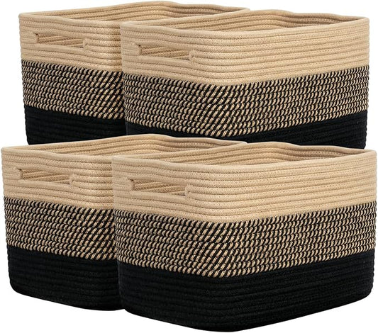 Storage Baskets for Organizing, 14 x 10 x 9” Closet Shelf Woven Baskets, Square Bins with Handles, Cotton Rope Basket for Clothes, Office, Room, Black+Brown 4 Pack by Unknown