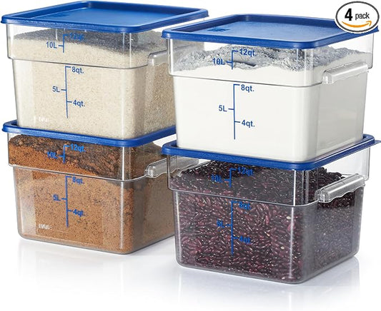 4 Pack Food Storage Containers with Blue Lids - NSF Listed Commercial Grade in 12.0 Qt - Square, Clear, Polycarbonate by CURTA