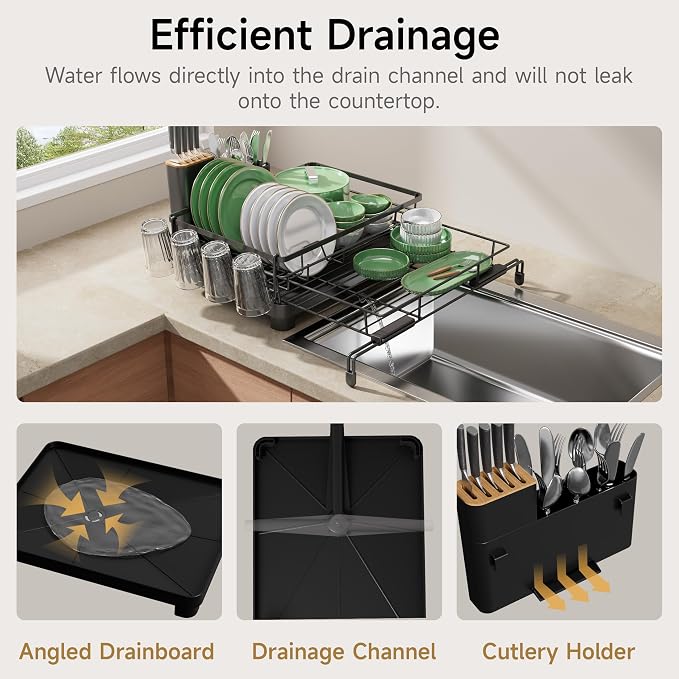 Runnatal Dish Drying Rack - Expandable Large Dish Rack Over Sink | Drying Dish Drainer for Kitchen Counter, Stainless Steel Dish Strainer with Utensil Holder & Cup Holder, Black - Image 5