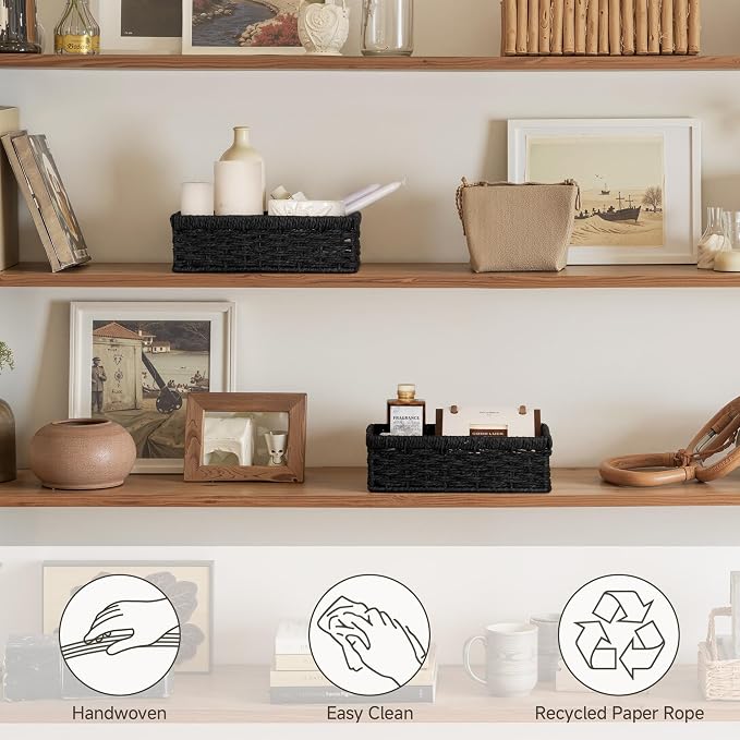 StorageWorks Wicker Baskets for Organizing, Paper Rope Black Baskets,2-Pack | Black Wicker Basket, Black Storage Basket, Woven Baskets for Storage, Small Baskets for Organizing, Wicker Storage Baskets - Image 5