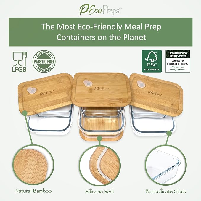 Glass Meal Prep Containers with Bamboo Lids, 2 Compartment Glass Bento Box Container Set (3 Pack) | 100% Plastic Free, Eco-Friendly, Lunch Containers with Lids Made of Bamboo - Set of 3 - Image 2