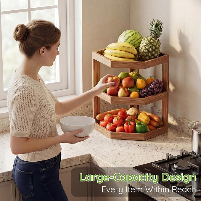 3 Tier Wooden Corner Fruit Basket Vegetable Storage Holder | Kitchen Organizer, Potato Stand, Onion Rack, For Counter & Countertop, Anti-Slip Base, Space-Saving, Long-Lasting - Image 3