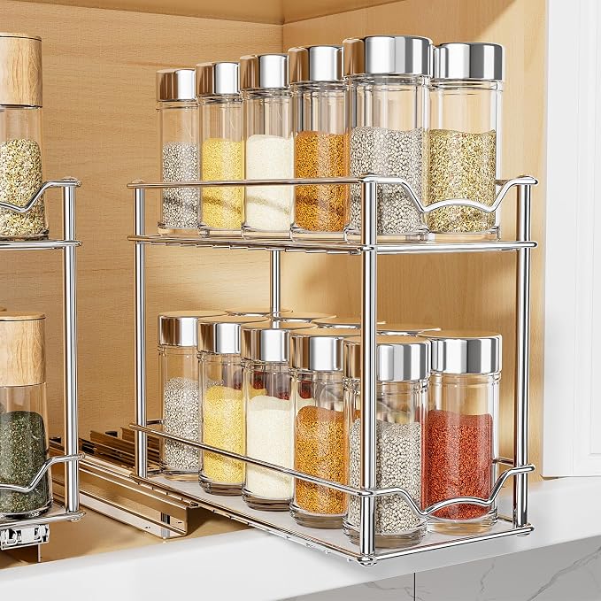 MUDEELA Pull Out Spice Rack for Inside Cabinet, 2 Tier Chrome Spice Organization for Cabinet, Vertical Sliding Out Spice Rack Organizer for Seasoning, 10.4''D×4.8''W×9.3''H by MUDEELA