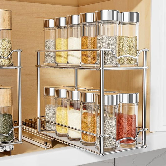 MUDEELA Pull Out Spice Rack for Inside Cabinet, 2 Tier Chrome Spice Organization for Cabinet, Vertical Sliding Out Spice Rack Organizer for Seasoning, 10.4''D×4.8''W×9.3''H by MUDEELA