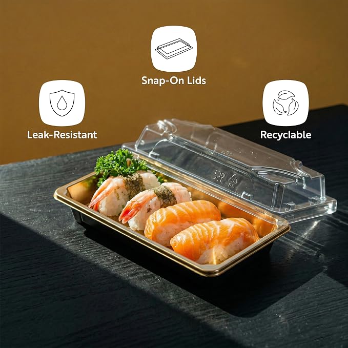 Restaurantware Plastic Sushi Trays 100 Pack of 6.1 x 3.5 x 1.77 Inch With Clear Lids Leak-Resistant Sushi Take Out Boxes Stackable Containers For Grab-And-Go - Image 4