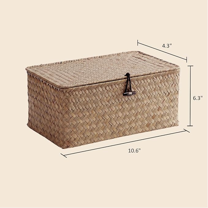 Nonam Small Basket with Lid, Natural Seagrass Bin with Lid, Shelf Baskets Multipurpose Container for Boho Decoration, Rectangular Household Storage Boxes for Home Organization-Coffee - Image 3