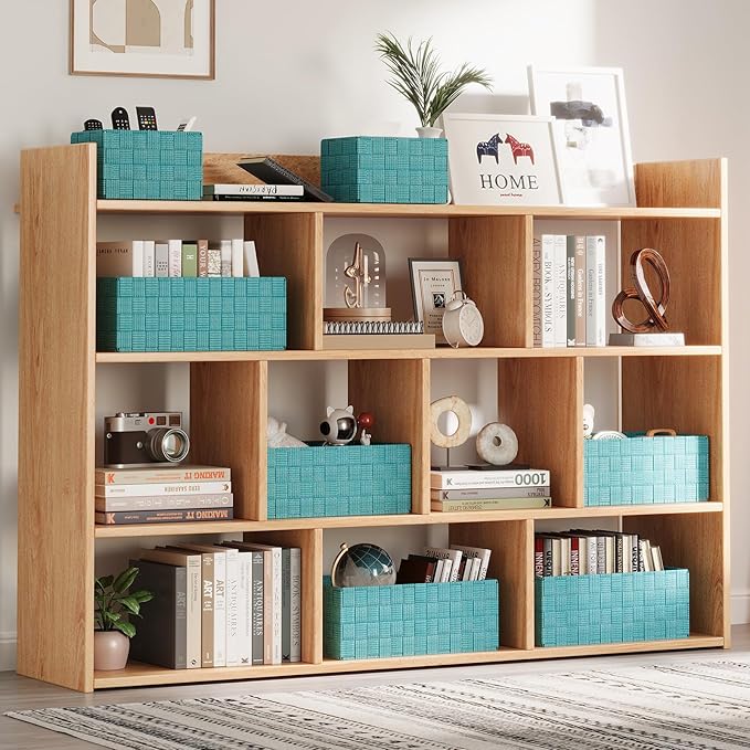 Storage Baskets with Lids: 6 Pack Stackable Woven Storage Bins, Aqua | Decorative Woven Baskets for Organizing with Built-In Handles for Shelves, Closets, Cabinets and Cubbies, Gift Small Basket - Image 3