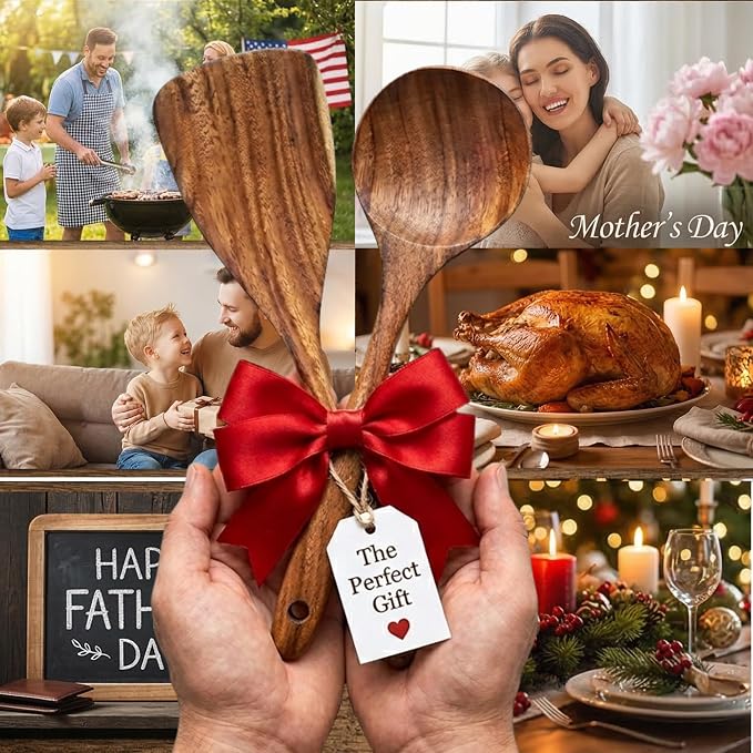 2 Piece Teak Wood Utensils Set– Flat Edge Turner & Serving Spoon – Non Toxic, Dishwasher Safe, Plastic Free Wooden Spatulas for Nonstick Pans – Essential Kitchen Utensils for Cooking" - Image 10