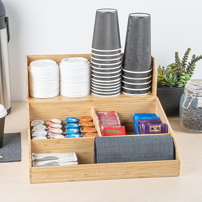 Restaurantware Coffee Cup Organizer 15 x 14.25 x 9.25 Inch Multipurpose Bamboo Condiment Holder Brown Countertop Cup and Lid Organizer for Coffee Shops and Office Break Rooms - Image 3