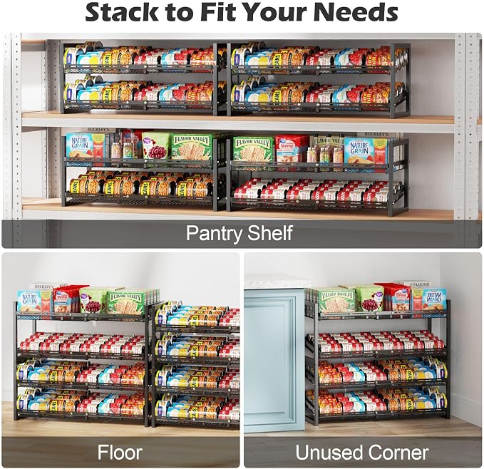 Can Storage Organizer Pantry - Expandable Width, Holds 96 Cans | Adjustable Width for Soda and Food Cans, For Pantry Shelf Storage & Easy Restocking, Self-Rolling Stackable Metal Rack - Image 8