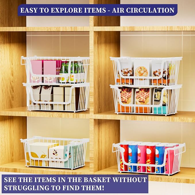 5 Pack Enhanced Leak-Proof Bottom Stackable Wire Baskets, Pantry Organizers and Storage, pantry storage，Shelf Baskets, Fruit Basket, Potato and Onion Storage Bins，(White) - Image 6