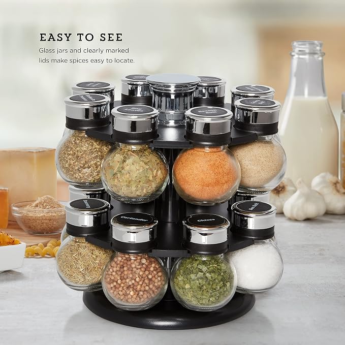 Kamenstein 16 Jar Ellington Revolving Countertop Spice Rack with Lift & Pour Caps and Spices Included, FREE Spice Refills for 5 Years: Black and Chrome - Image 5