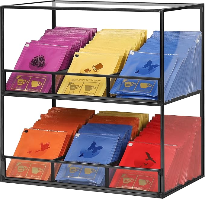REDHUGO Glass Tea Bag Organizer, 2-Tier Tea Bag Holder for Counter, Black | Glass teabag organizer with 2-tier design and black frame, keeps tea bags tidy for counters, cabinets and tea stations by REDHUGO