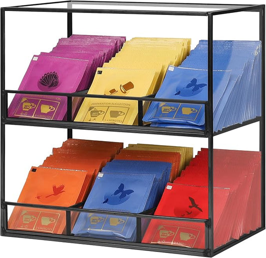 REDHUGO Glass Tea Bag Organizer, 2-Tier Tea Bag Holder for Counter, Black | Glass teabag organizer with 2-tier design and black frame, keeps tea bags tidy for counters, cabinets and tea stations by REDHUGO