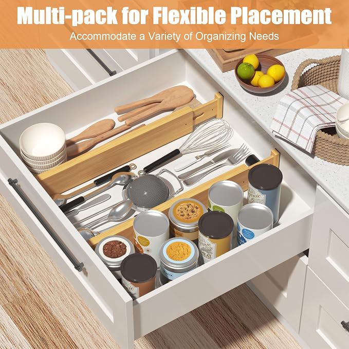 Bamboo Drawer Dividers, Adjustable Drawer Organizers, Fits 17.6–21" Drawers | 2.5" High, 6 Pack Expandable Drawer Separators for Kitchen, Nursery, Dressers & Office Storage, Natural - Image 2
